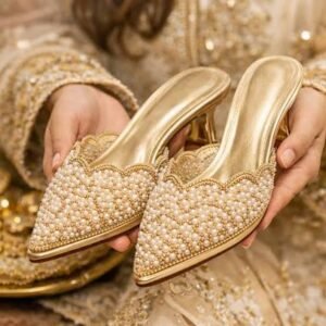 Sandle Female Gold Pearl Embellished Mules
